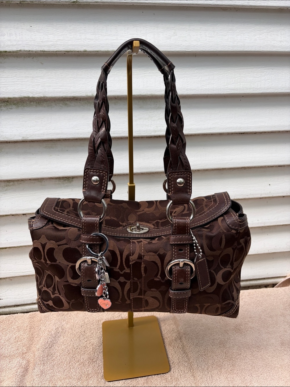 Coach Brown Chelsea Optic Turn Lock satchel with Braided Handles 10995